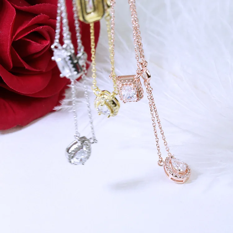 Hot brand 925 Sterling Silver Zircon square stone Necklace For Women With logo tag France drop water | Украшения и аксессуары