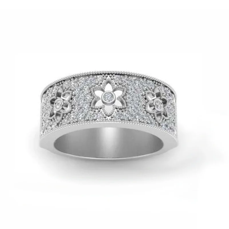 

Vintage White Crystal Zircon Hollow Flower Ring For Women Engagement Party Female Fashion Jewelry Hand Accessories