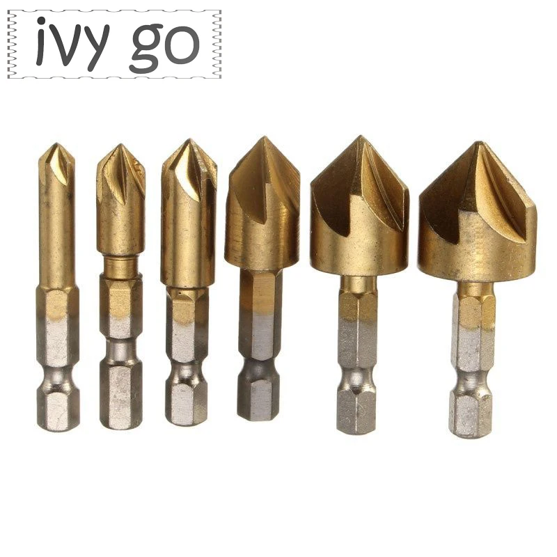 

6pcs Chamfering Countersunk Drill Bit HSS 5-Flute 1/4" Hex Shank 90 Degree 6-19mm Chamfering Woodworking Drill Milling