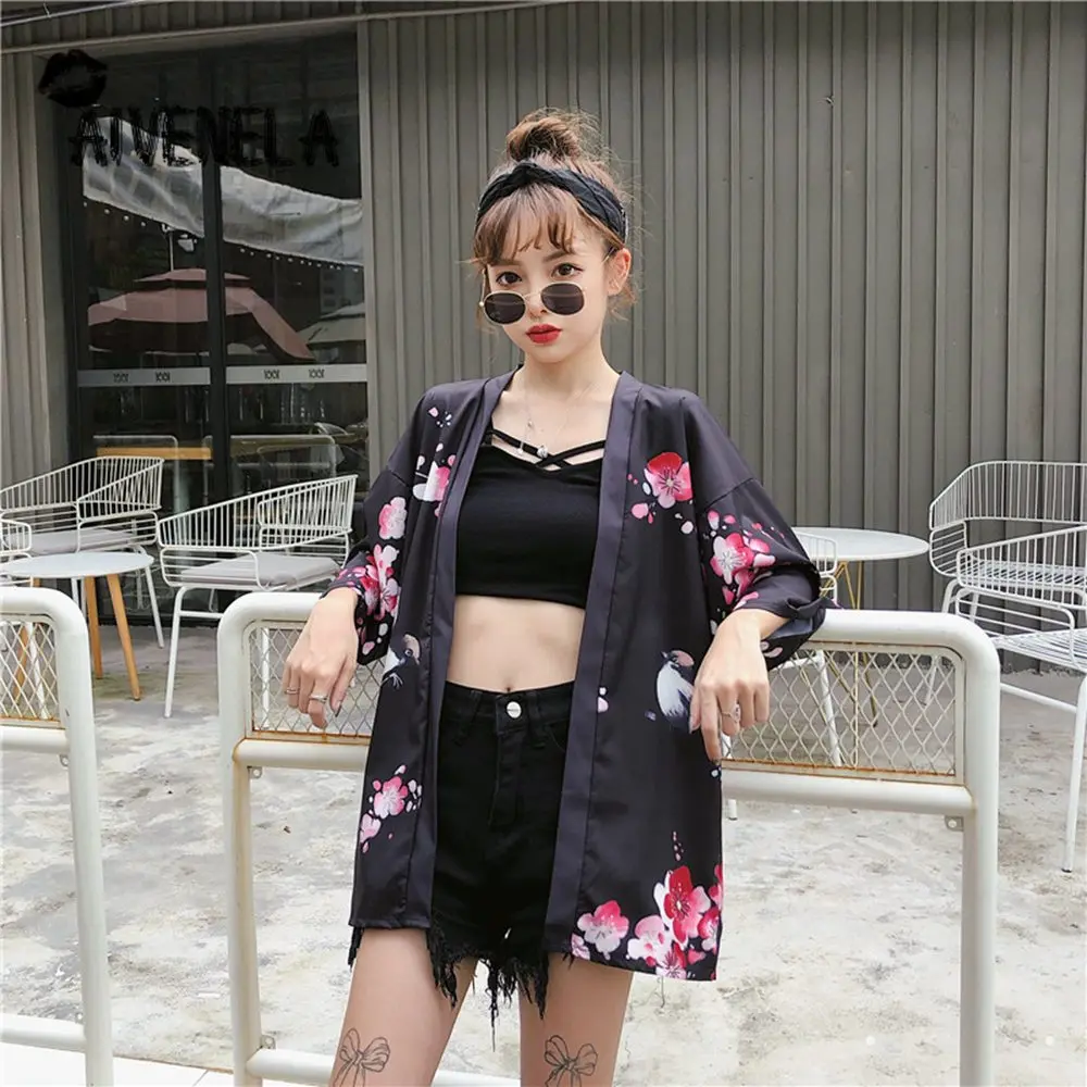 Японское женское кимоно в стиле Харадзюку кардиган блузка с китайским цветочным