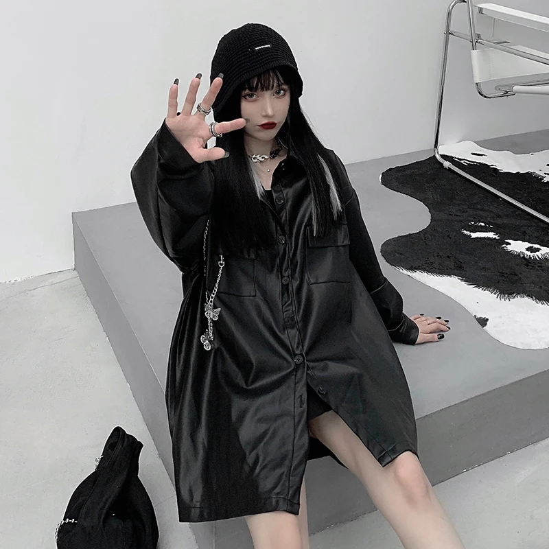 

Japanese Casual Women Loose Leather Moto Jacket Outerwear Korean High Street Coat Chic Streetwear Long Sleeve Black Leather Top