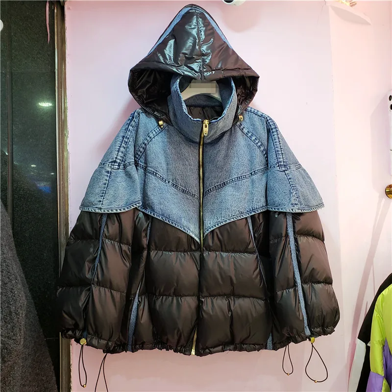 

2021 winter fashion denim patchwork down jacket for women hooded loose thick warm down parka female puffer coat streetwear