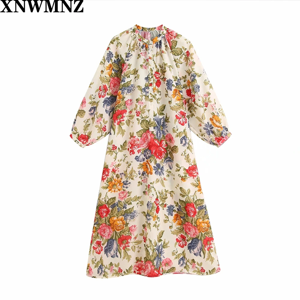 

women 2020 Printed dress ecru Round neck dress short sleeves pleated cuffs. Polo-style button fastening on the front XNWMNZ