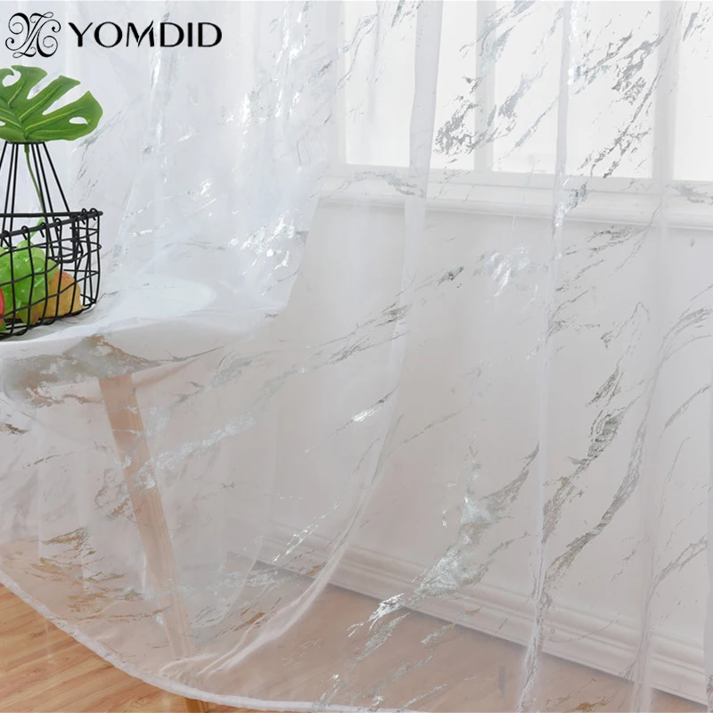 

YOMDID Blackout curtains tulle for living room marble striped gold silver printed tulle home balcony vertical curtain cortinas