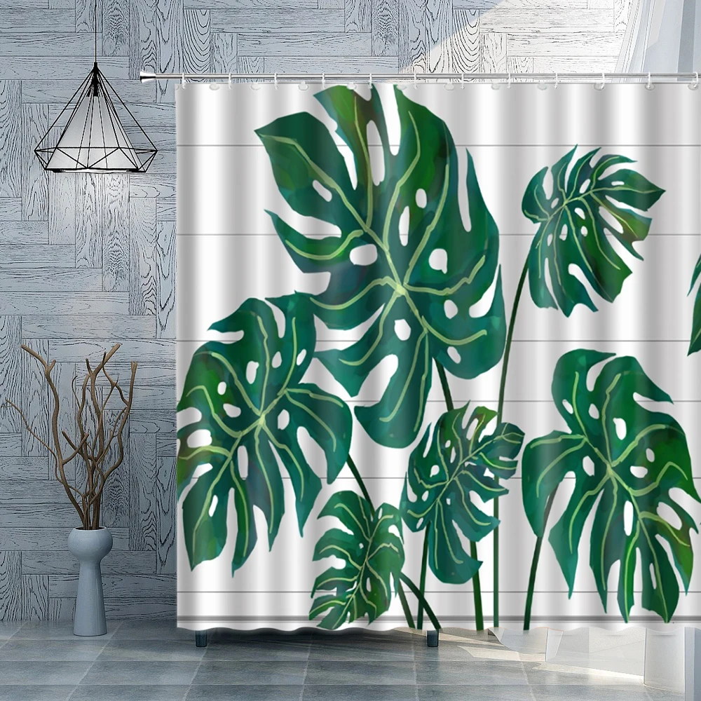 

Green Leaf Shower Curtain Tropical Green Plant Palm Bathroom Curtains Nordic Scenery Polyester Fabric Home Bath Decor With Hook