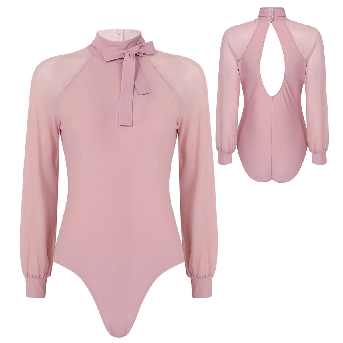 Dusty Pink Элегантный женский купальник с длинными рукавами и вырезом на спине для занятий балетом и гимнастикой - Цвет: Dusty Pink