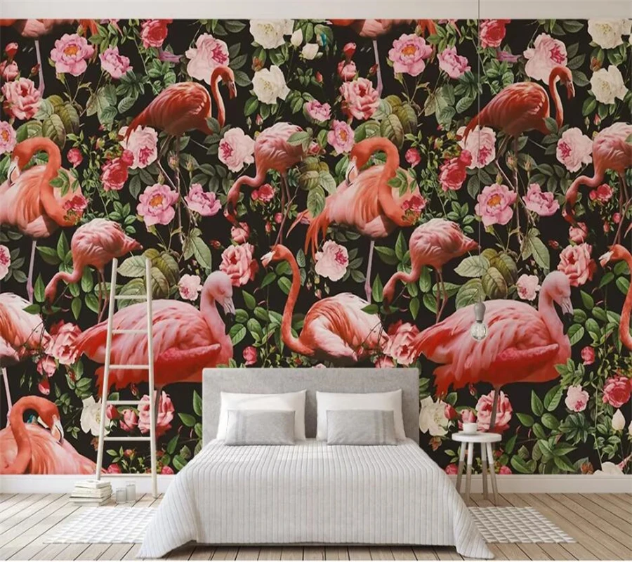 Пользовательские обои 3D бумажные средневековые ручные рисования фламинго розы