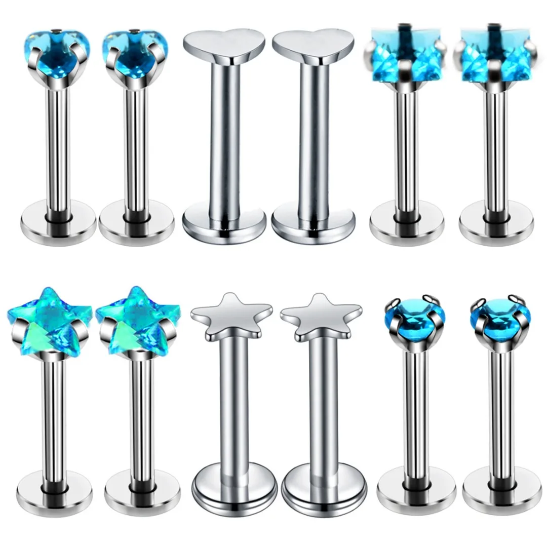 

12pcs/set Crystal Heart Star Labret Piercing Lip Ring Punk Women Round Square Geometric Cartilage Piercing Body Piercing Jewelry