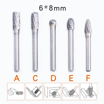 

5Pcs 6x8mm ACDEFGHLMN Tungsten Carbide Burrs Carving Bit Double Cutter for Rotary Burring Set File Grinder Cutter Bits