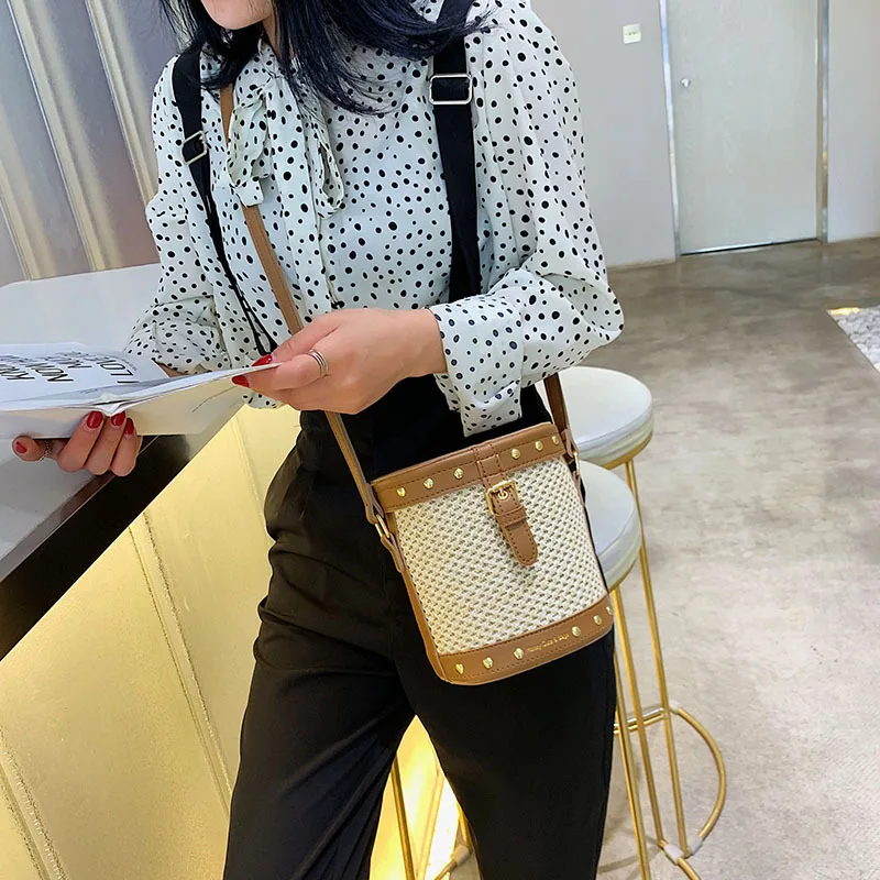 Mulit стиль соломенная + кожаная сумка женская ротанговая ручной работы тканая