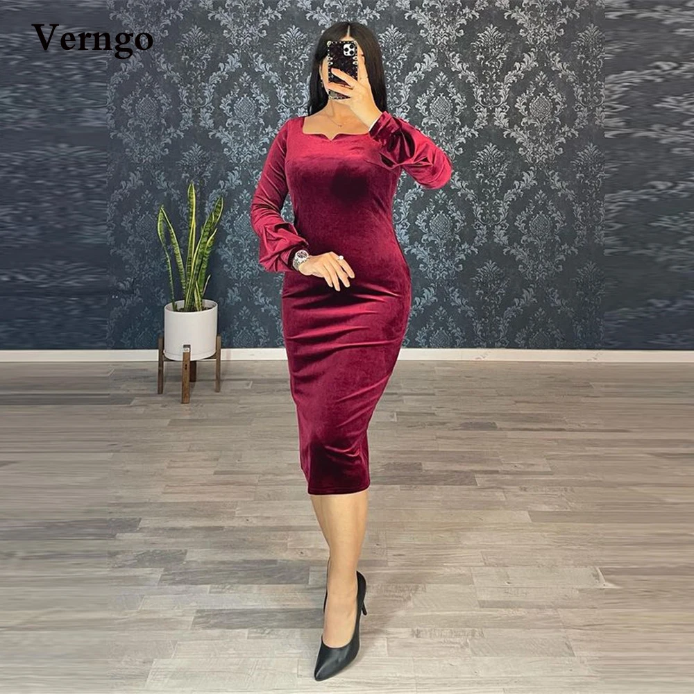 

Verngo Simple Burgundy Red Velour Sheath Women Prom Dresses Long Sleeves Square Neck Tea Length Modest Formal Party Gowns