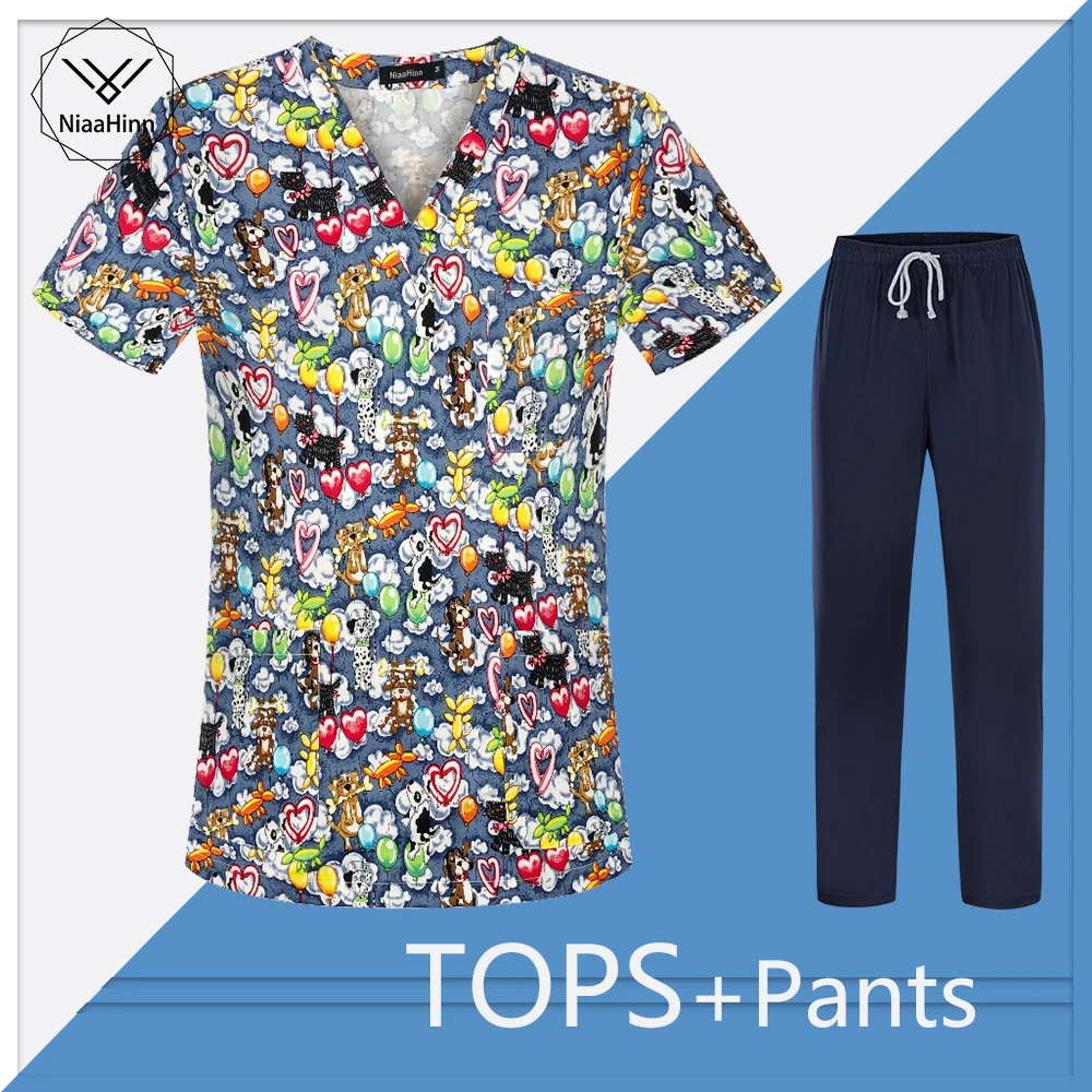 

Personalized Cartoon Printing High Quality Pure Cotton Top Short Sleeve Dental Clinic Operating Room Women Wholesale Scrubs Tops