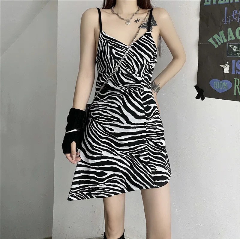 

Deep V Neck Summer Women Zebra Print Irregular Backless Dresses Harajuku Lady Sexy Sleeveless Mini Dress Korean Fashion Cloth