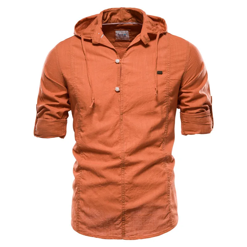 

Summer Men's Shirt Cotton Linen Shirts Slim Hooded Long Sleeve Men's Top Solid Casual Shirts for Men
