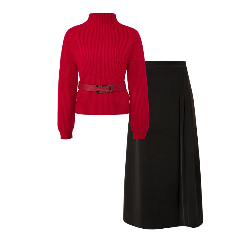

High Neck Velvet Yarn Red Pullover Sweater Half Skirt Suit Lazy Wind New Winter 2021