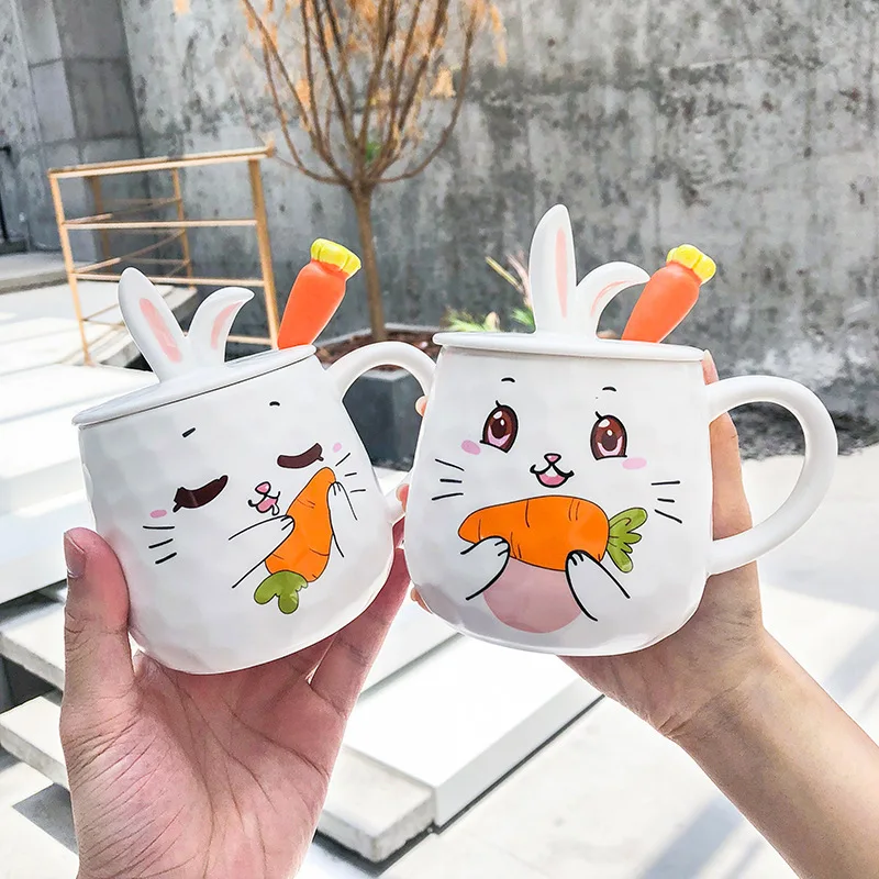 

Cartoon radish rabbit Mug with lid spoon hand drawn happy expression cup Drinkware Coffee Tea Cups Novelty Gifts milk cup