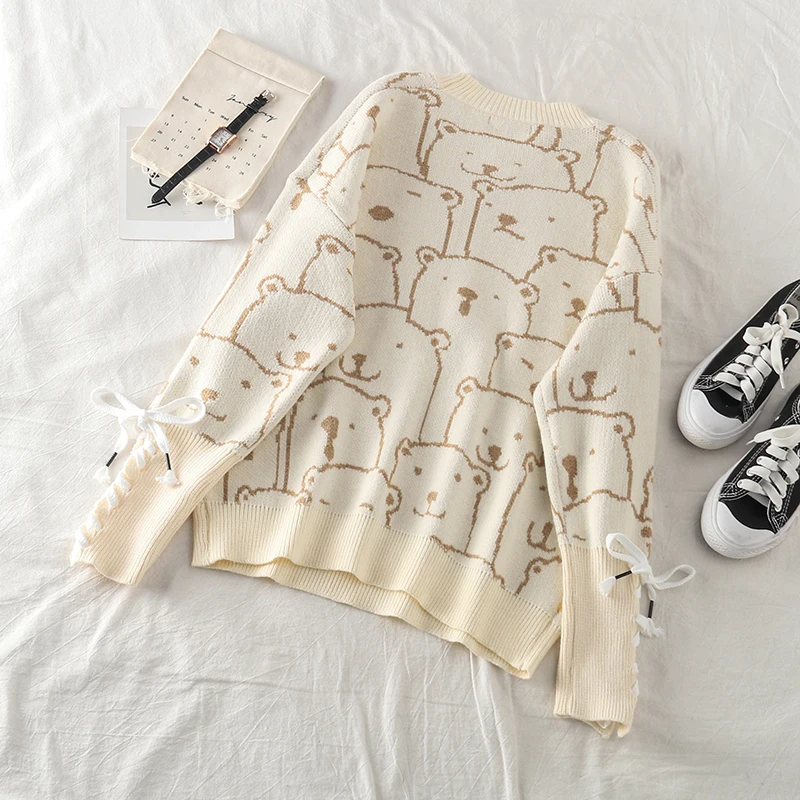 Neploe Pull Femme вязаный свитер с вышитым медведем из мультфильма осенне-зимние толстые теплые жаккардовые Джемперы вязаные пуловеры 56201