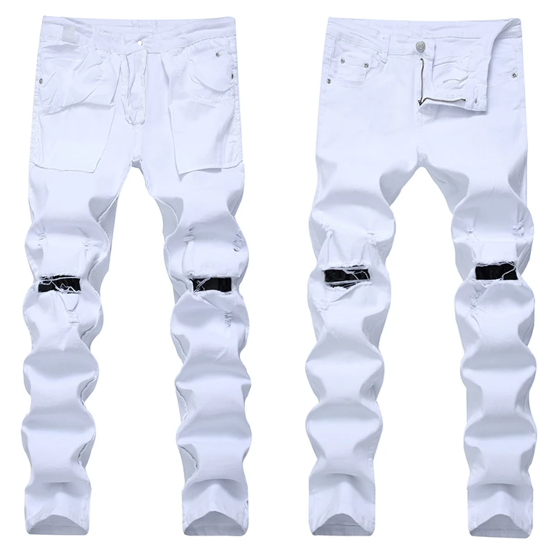 

Men personality ripped jeans with hole slim fit denim pants mens white blue red black distressed punk hip hop jeans trousers