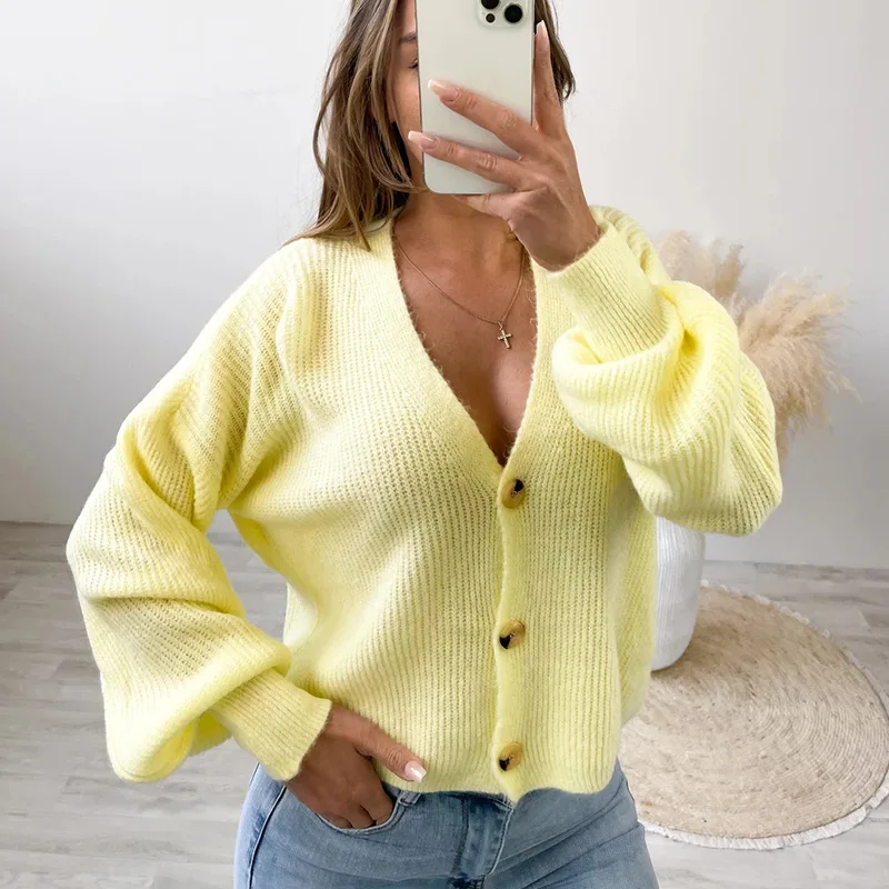 

new solid color casual cardigan European and American loose knit sweater buttoned cardigan sweater jacket women