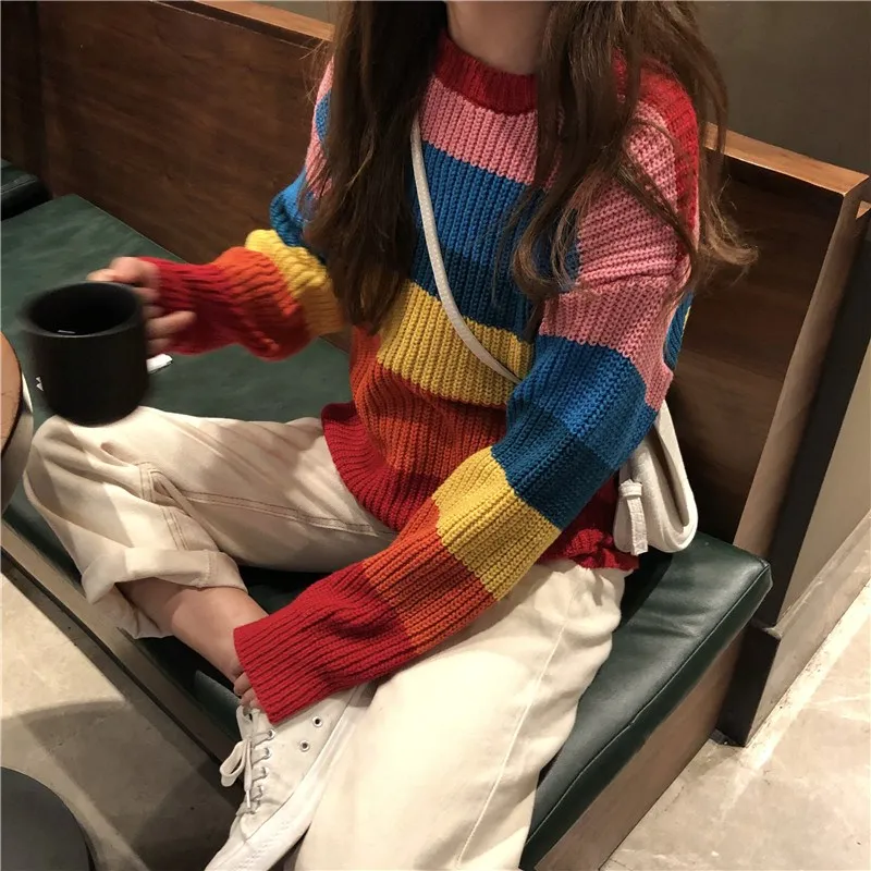 2019 осень зима женский милый Радужный полосатый свитер пуловер с круглым