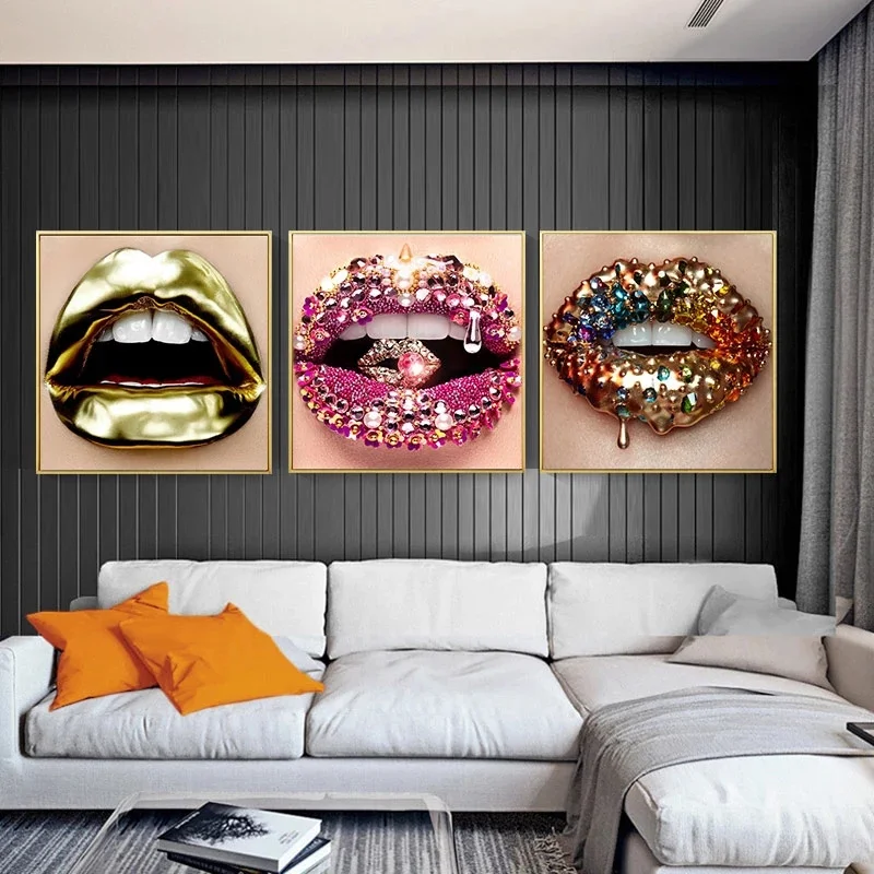 

Modern Nordic ModernGold Lips Sexy Diamonds Shine Women Canvas Painting Art Posters and Prints Wall Canvas Pictures for Home