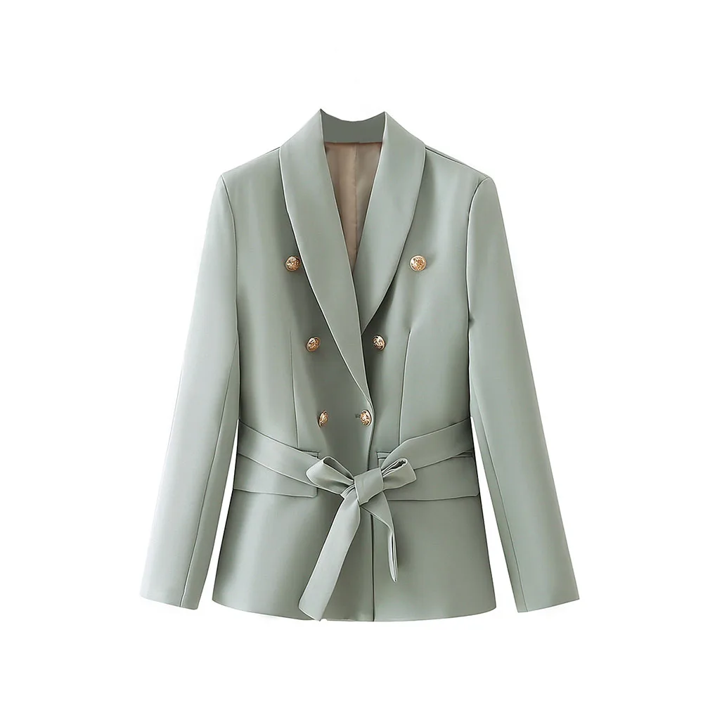 

Za для женщин 2021 Новая мода двубортный зеленый с блейзер с поясом пальто в винтажном стиле, с длинным рукавом карманы с вышивкой, женская верх...