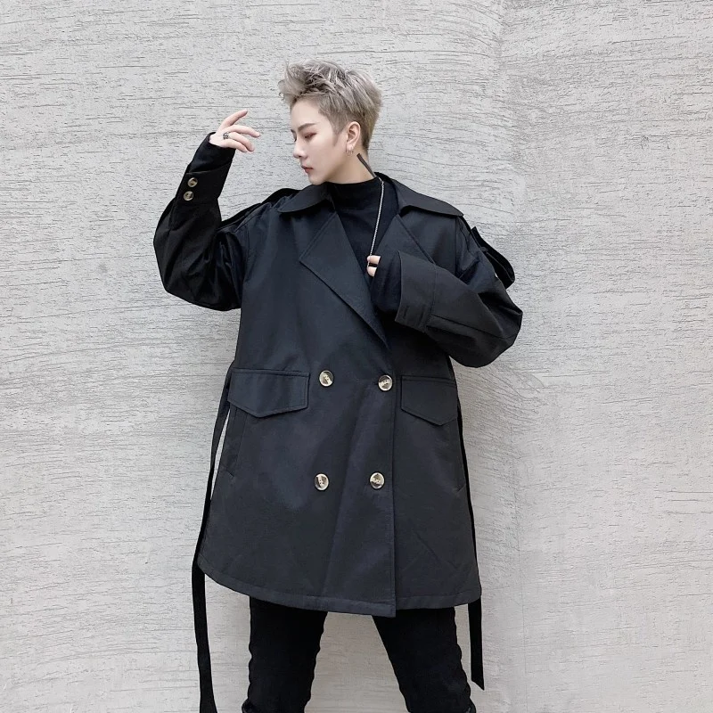 Тренч мужской двубортный средней длины модный длинный плащ цвета хаки