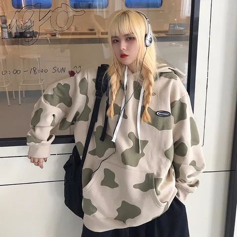 Cute Dairy Cow Print Women Oversized Hoodies 2023 Autumn Warm Pocket Hooded Sweatshirt Casual Loose Print Winter Pullover Ladies