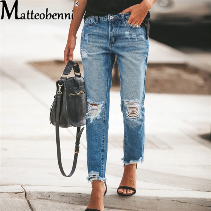 

2021 Vintage Mom Sexy High Waist Jeans Women Ripped Boyfriend Jean Trousers Ladies New Street Style Distressed Blue Denim Pants