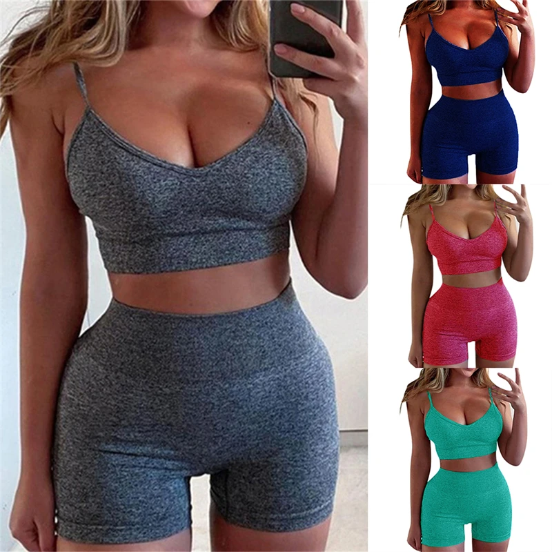 

2021 Women Cotton 2 Piece Set Women Biker Shorts V-neck Crop Top Sleeveless Casual Outfits Summer Fashion