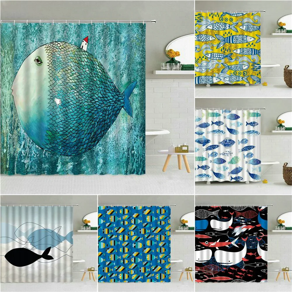 

Funny Big Fish Dream Abstract Shower Curtain Blue Ocean Animal Seaweed Texture Waterproof Fabric Hooks Curtains Bathroom Decor
