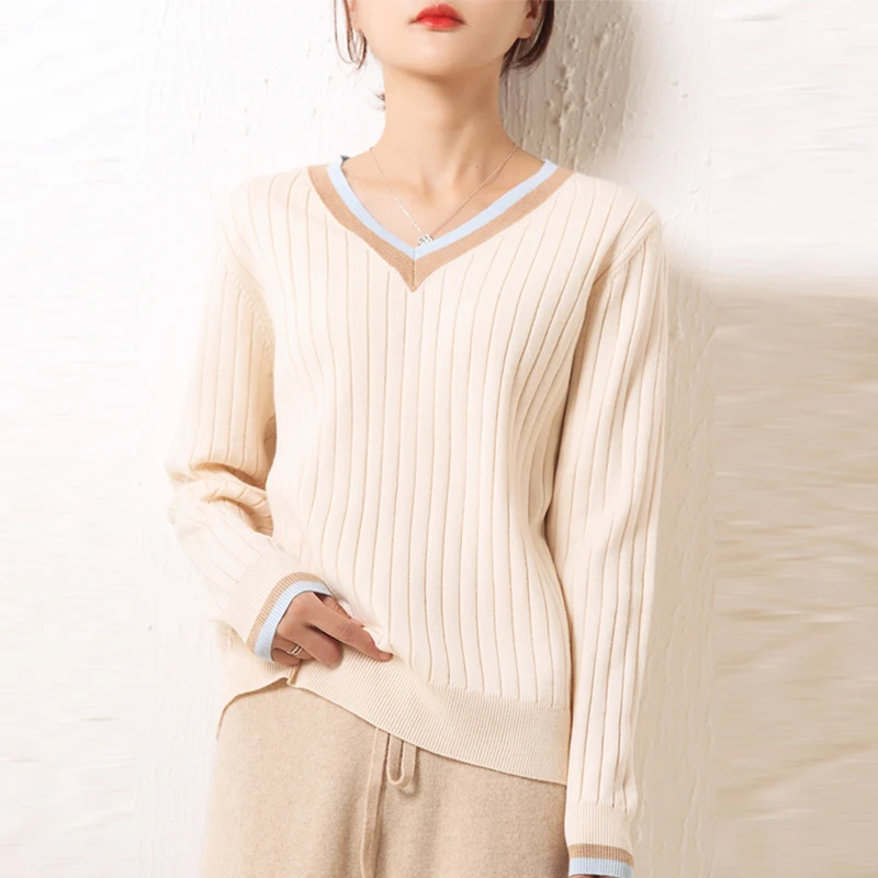 Высококачественный Женский кашемировый свитер с длинными рукавами и V-образным