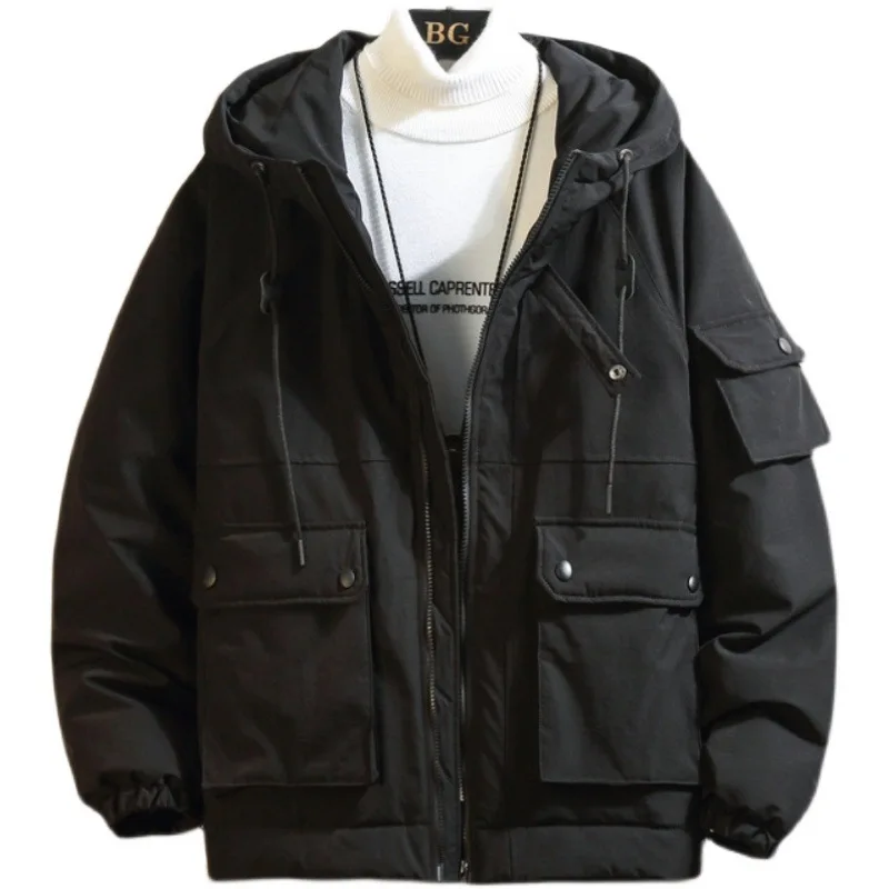 2021 winter new Japanese frock coat for young men,  hooded cotton coat, casual solid color thick coat for men
