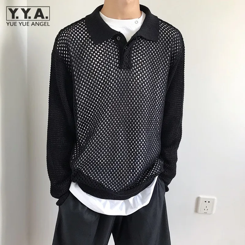 

Дизайнерские винтажные вязаные топы с вырезами и длинными рукавами, мужские однотонные свитеры с отложным воротником для отдыха, мужские п...