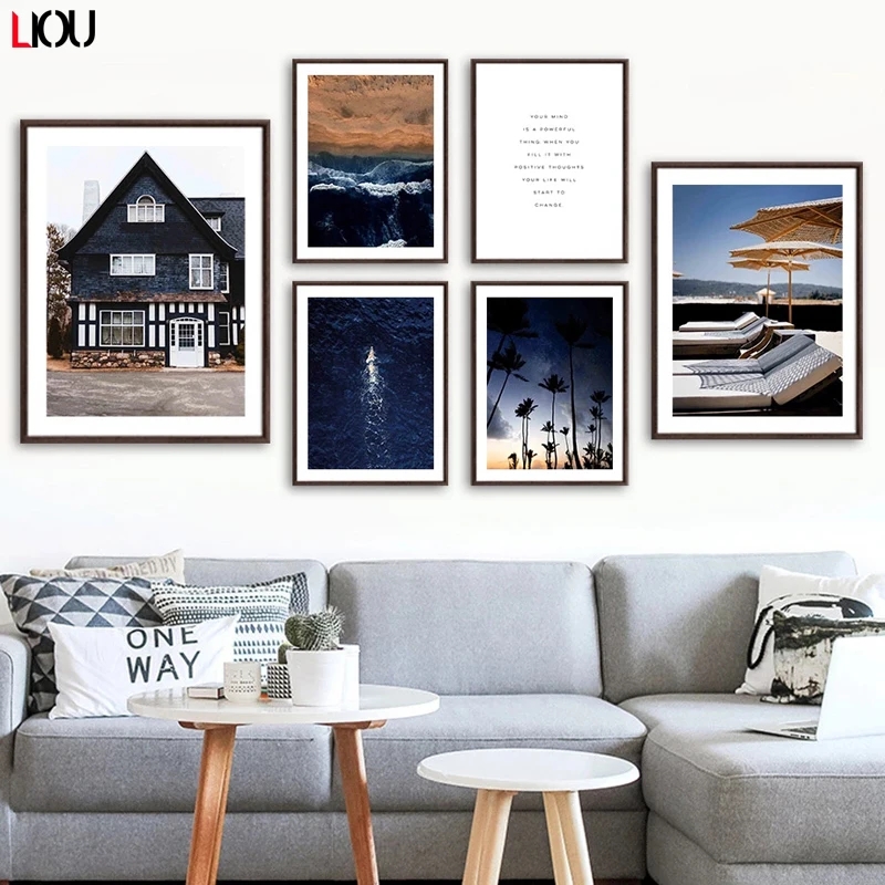 Океан пляж кокосовое дерево горная стена Картина на холсте скандинавские