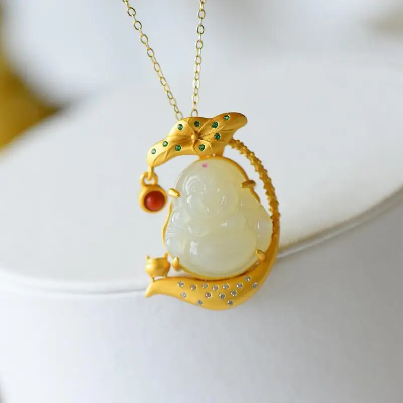 

Natural Hetian White Jade Maitreya Buddha Pendant 925 Sterling Silver Ancient Silver Inlaid Lotus Leaf Shape Chic