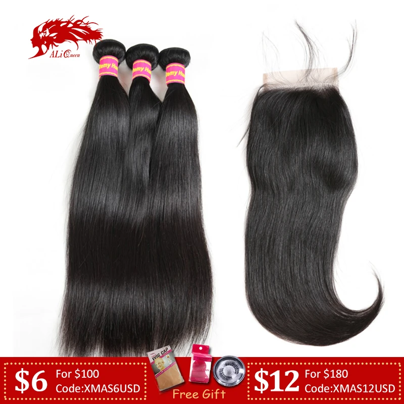 Али queen hair 3/4 шт. бразильские прямые волосы Remy человеческие волосы пряди с Закрытие 4x4/5x5/6x6 HD Прозрачная Кружевная застежка
