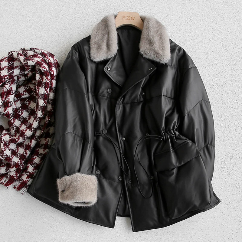 

2021 Winter New Real Natural Leather Sheep Skin Mink Fur Collar Loose Thick High Quality Down Jacket Female Temperament Coat