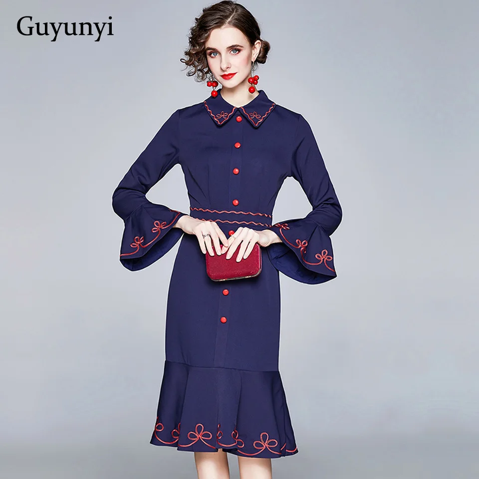 

European Vintage Dress 2022 Spring Exquisite Floral Embroidery Flared Sleeves Single Row Decorative Buckle Elegant Party Dress