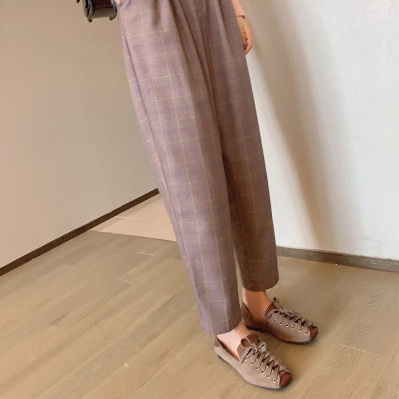 Женские винтажные брюки с высокой талией Mishow повседневные свободные клетчатые