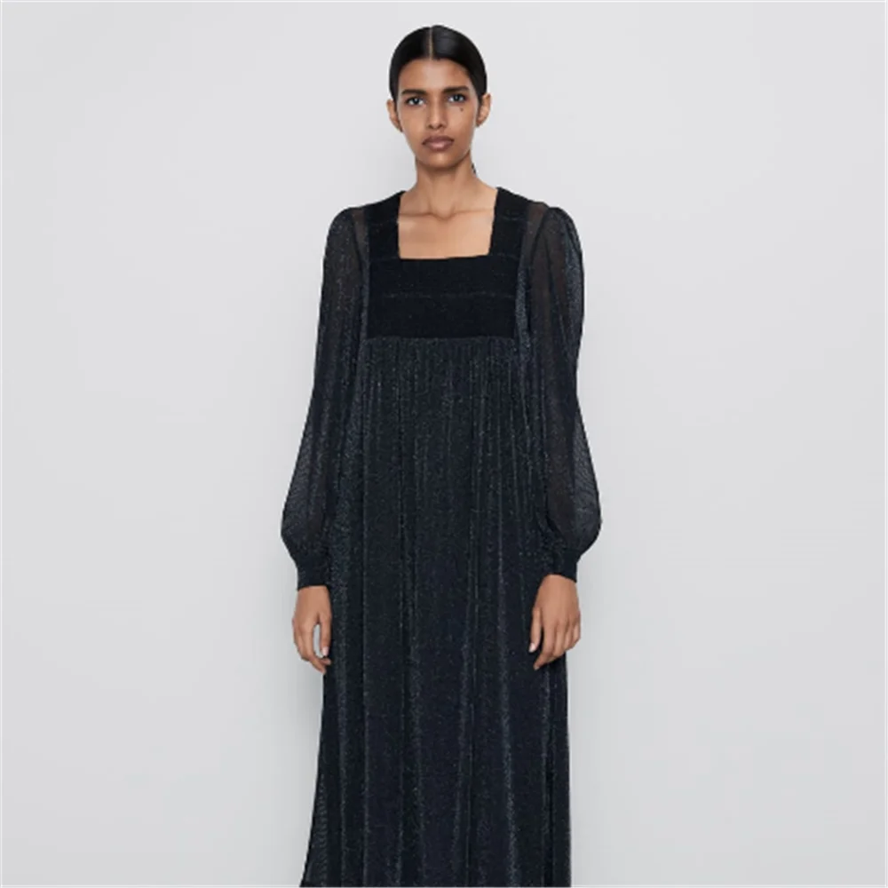 Женское длинное шифоновое платье ZA черное блестящее трикотажное в стиле бохо с