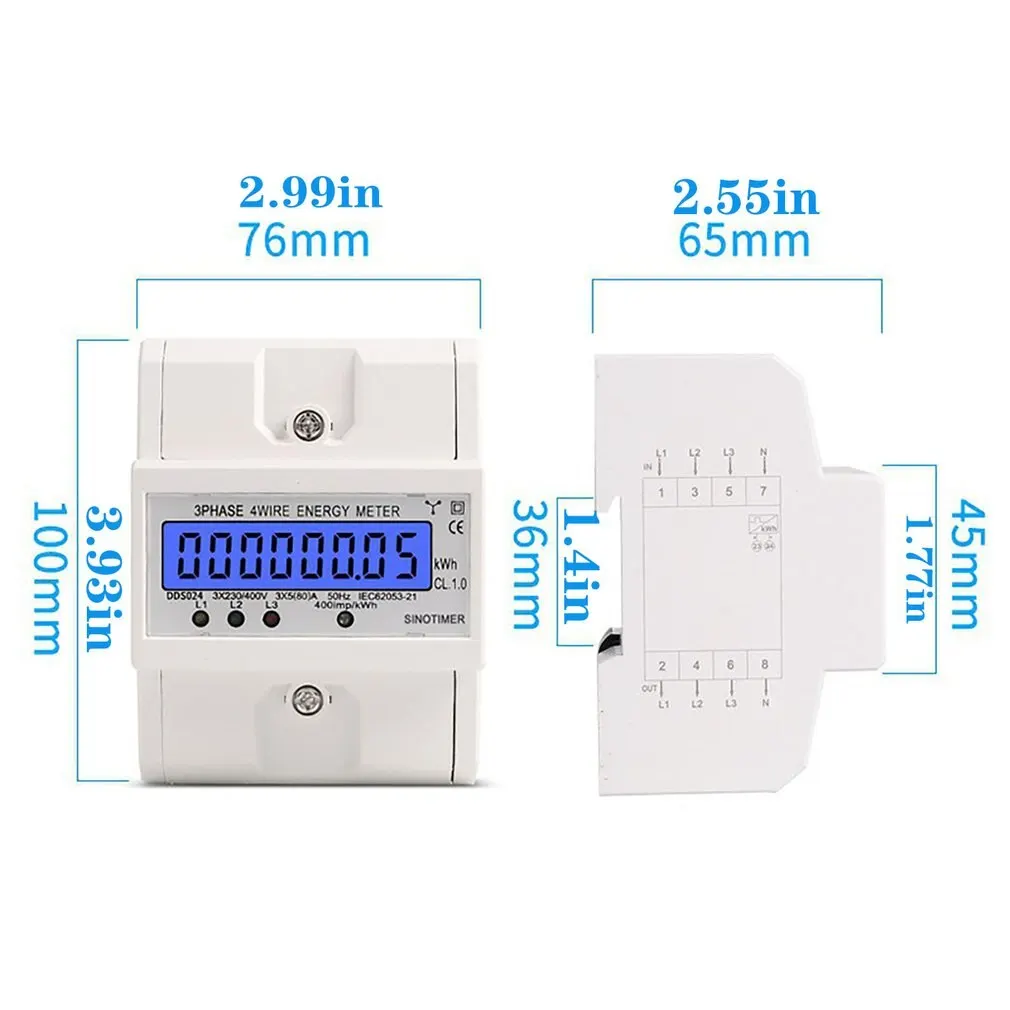 

Din Rail 3 Phase 4 Wire Electronic Watt Power Consumption Energy Meter Wattmeter kWh 5-80A 380V AC 50Hz LCD Backlight Display