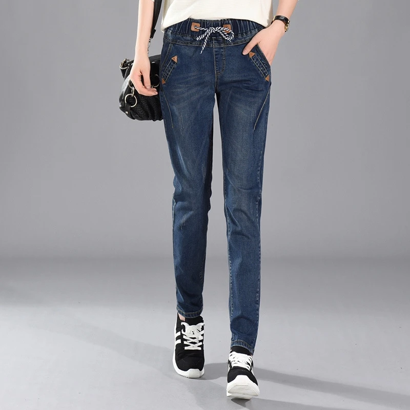 

Women's 26-34inch Elastic Waist Casual Slim Jeans Vintage Black Blue Long Denim Trousers