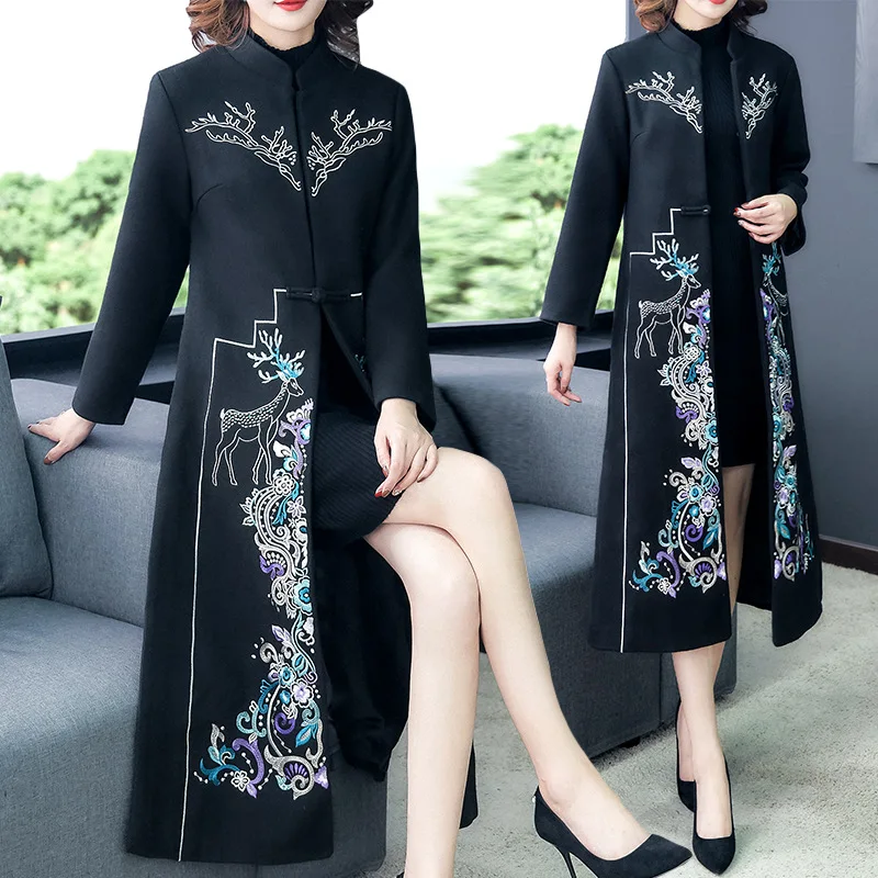 chinese style Retro wool embroidered coat women's slim long Windbreaker autumn and winter Embroidery overcoat