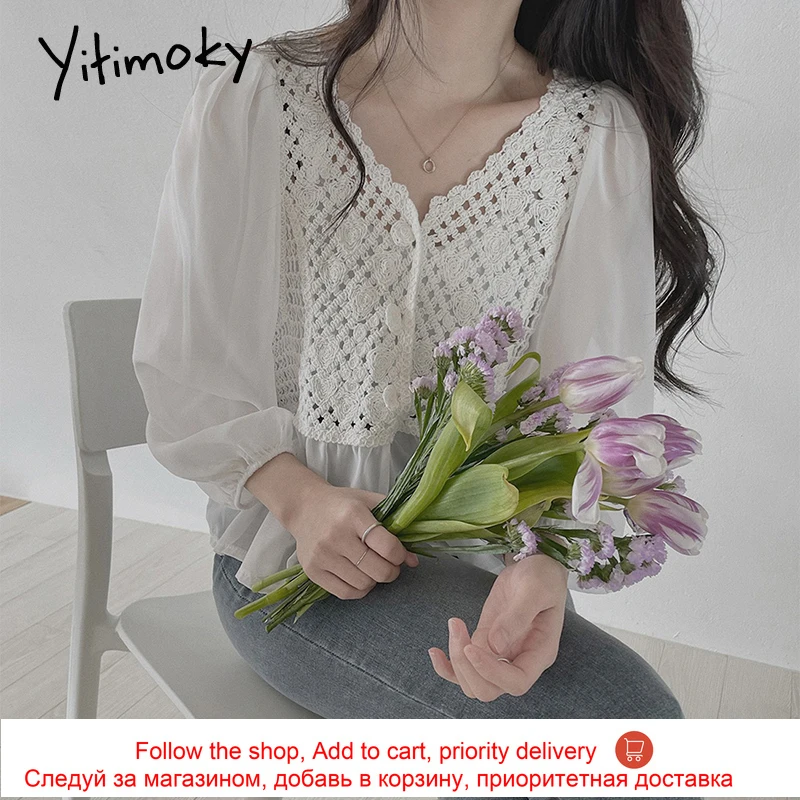 

Yitimoky Chiffon Open Stitch Lace Women Blouses Long Sleeve Tops Hook Flower Hollow V-Neck Casual Shirts Summer 2021 New