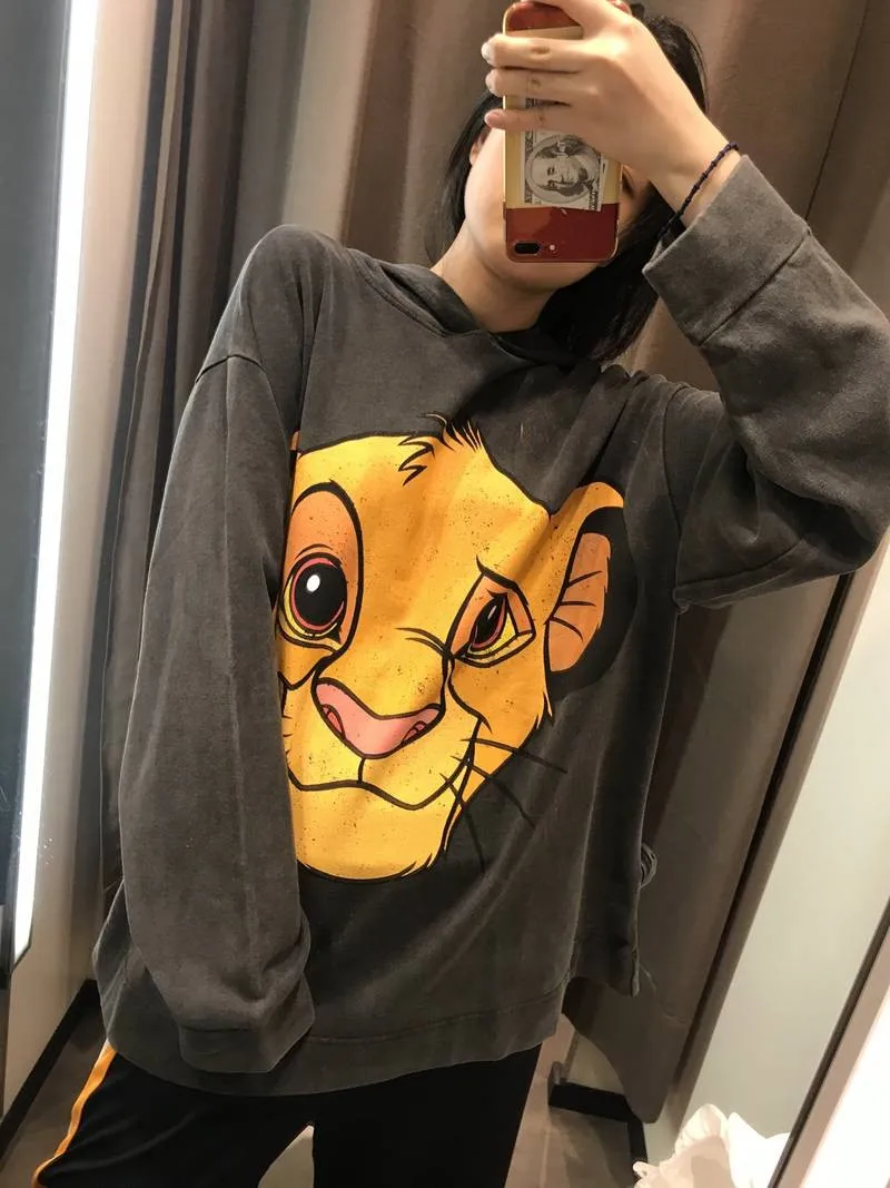 Модные свободные толстовки Kawaii, женские милые весенне-осенние Топы, Женские повседневные топы с рисунком льва, Милая футболка с длинным рукавом, женская футболка