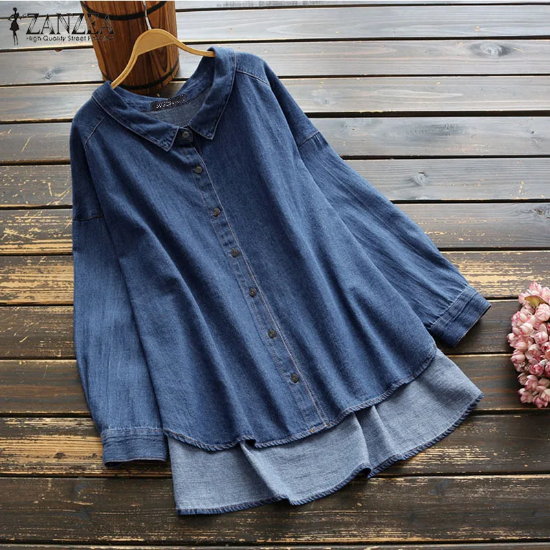 Женская джинсовая рубашка ZANZEA Повседневная Блузка с длинными рукавами и