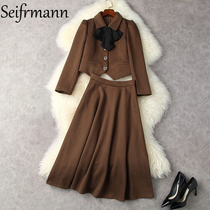 

Seifrmann New 2021 Autumn Women Fashion Runway Skirts Sets Long Sleeve Short Coats + High Waist Print A-Line Long Skirts Suits