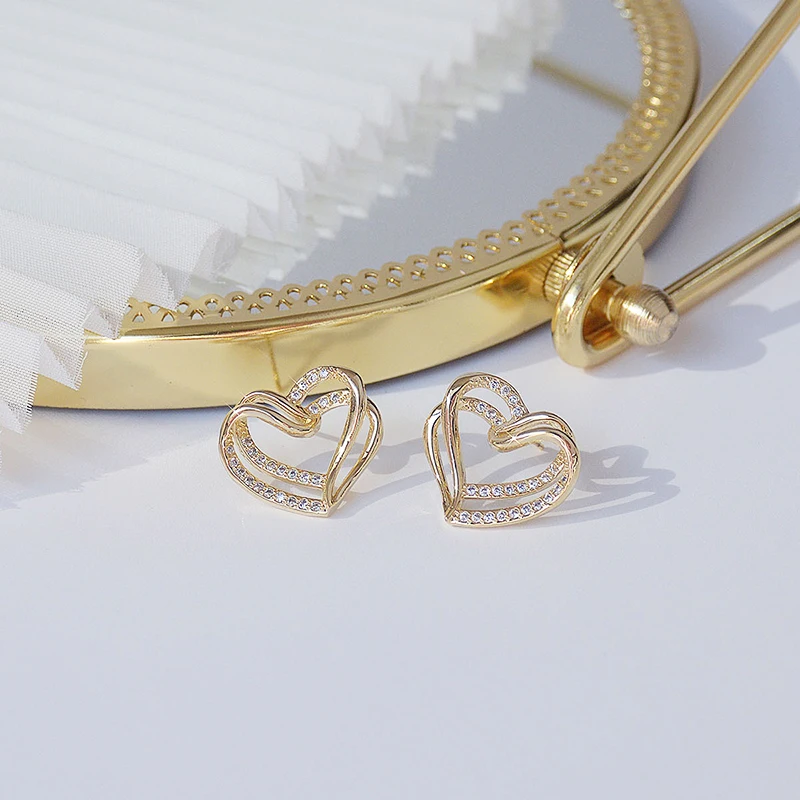 

2021 New Arrive Popular Design 14K Real Gold Heart Earring for Women Charm Jewelry Zirconia Stud S925 Silver Needle Ins Hot Gift
