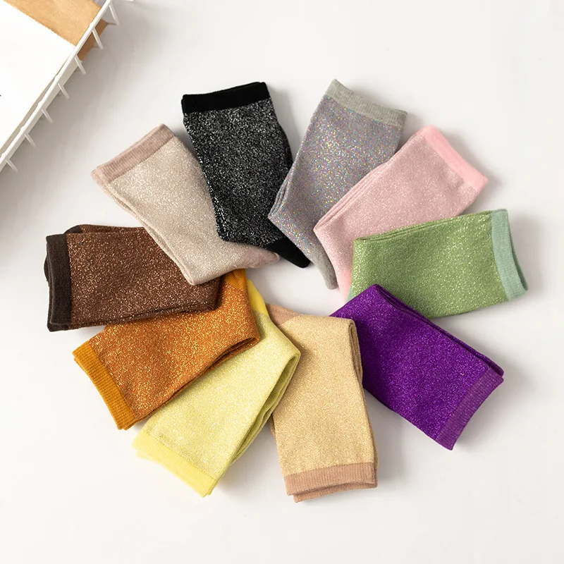 Korean women's style gold and silver silk material women's fashion socks solid color glitter shiny high elastic fashionable sock